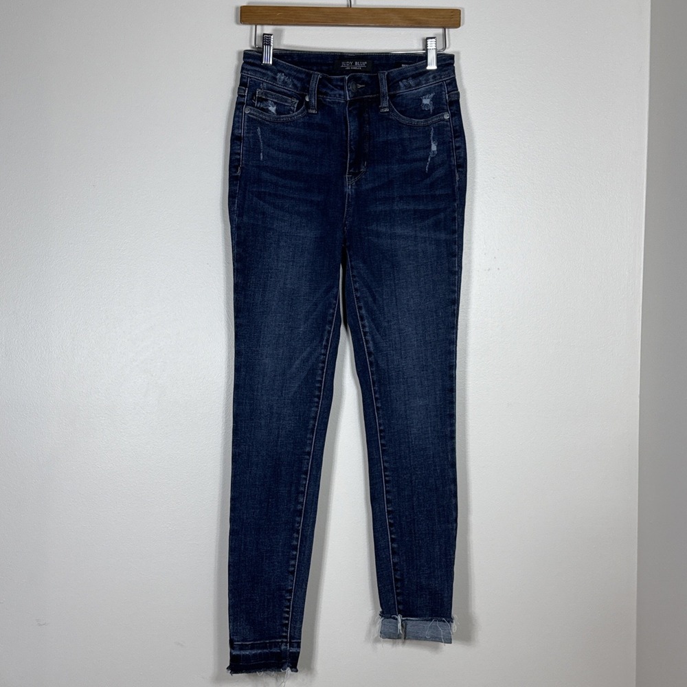 Judy Blue Womens Skinny Fit Jeans Size 3/26 Dark Wash Raw Hem Clean Girl Casual
